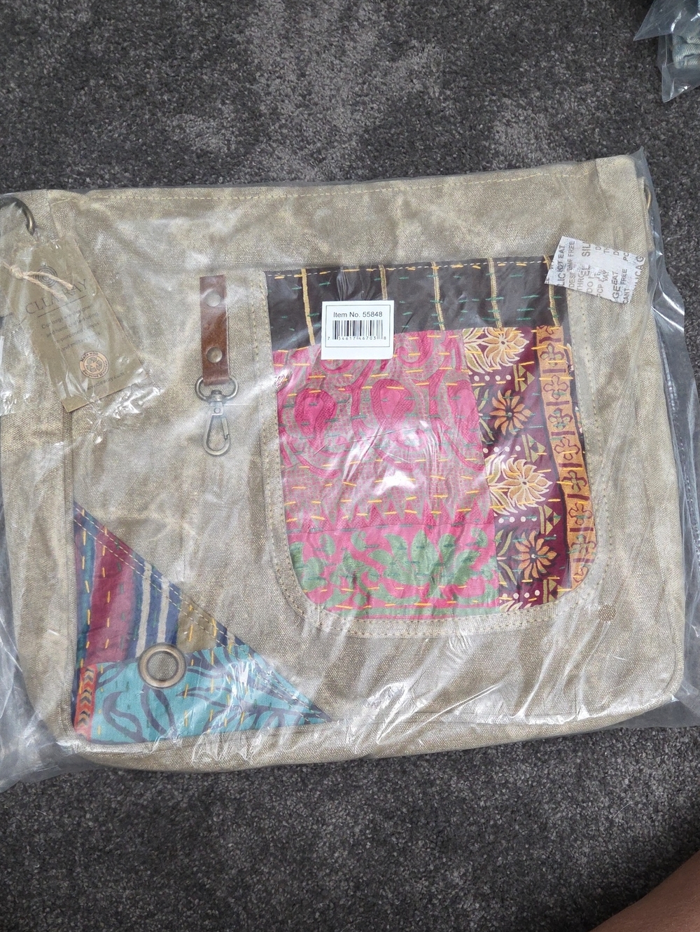 Boho Patchwork Canvas Tote Bag - Metallic Beige with Multicolor Patch 15" X 14"